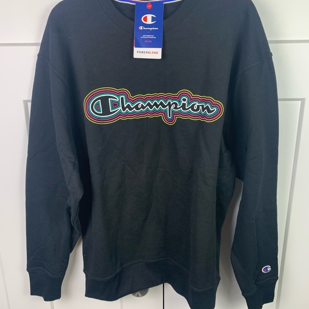 NWT Champion Women’s Crew Sweatshirt Large Black Cursive Logo Spell out - Picture 2 of 5